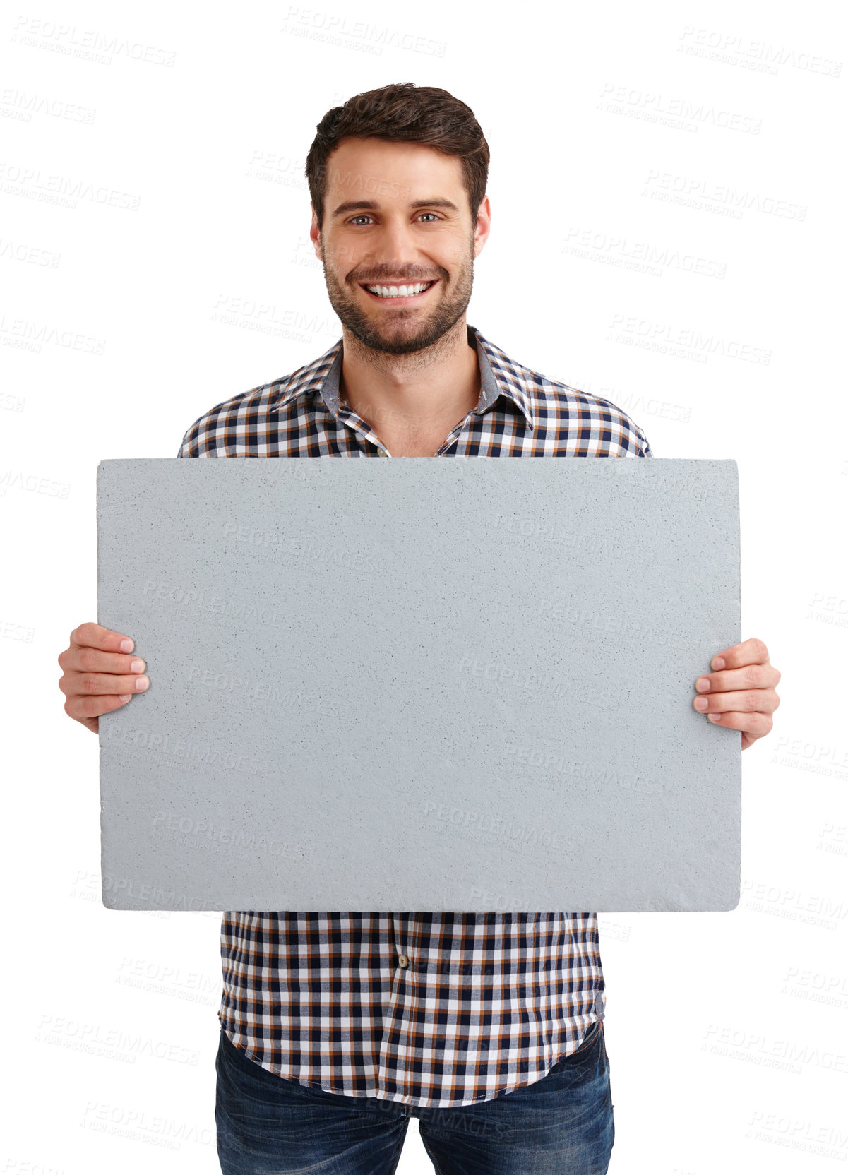 Buy stock photo Studio portrait of a handsome young man holding a blank placard isolated on white