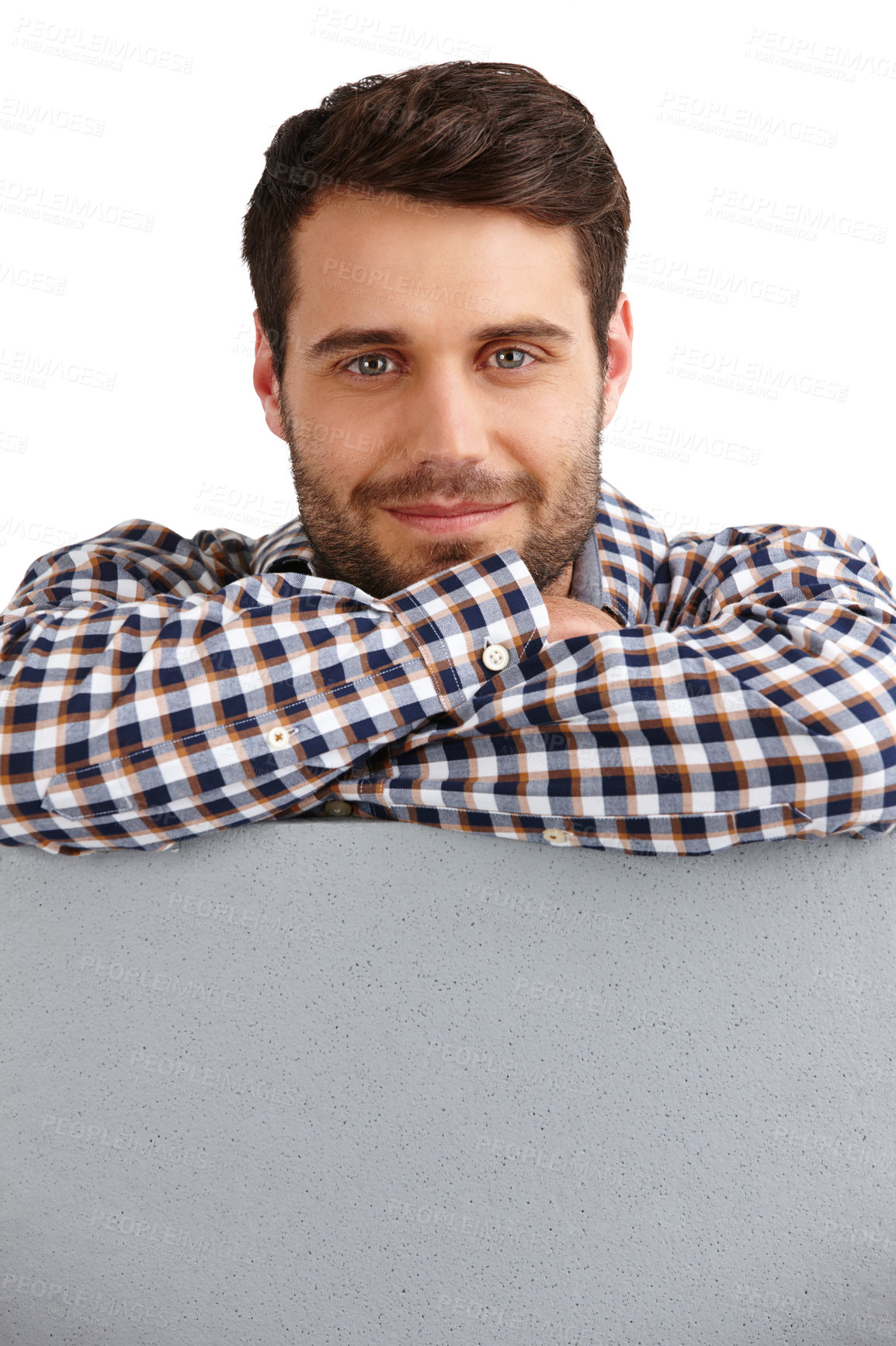 Buy stock photo Man, portrait and arms crossed on blank poster in studio with mock up space, sign and smile by white background. Person, board and happy with pride for marketing, choice and announcement in France