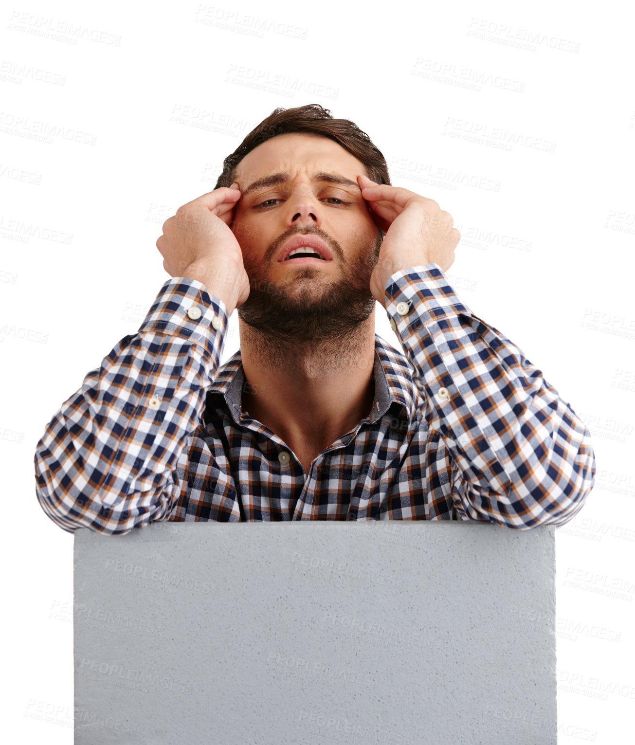 Buy stock photo Portrait, poster and stress with man in studio for reaction to bad news, demonstration or protest. Anxiety, depression or headache and person isolated on white background with empty paper sign