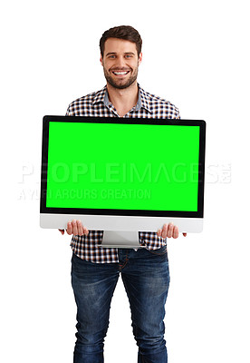 Buy stock photo Studio portrait of a handsome young man holding a computer with chromokey on the screen isolated on white