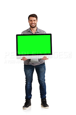 Buy stock photo Studio portrait of a handsome young man holding a computer with chromokey on the screen isolated on white
