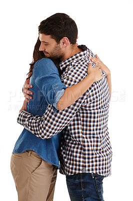 Buy stock photo Love, hug and smile with couple in studio on white background for romance or affection. Trust, safety and together with man, woman and bonding for dating or partnership commitment for reunion