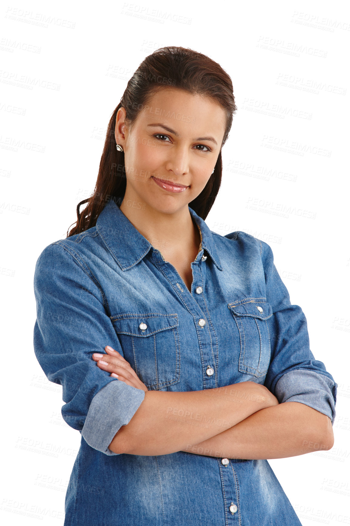 Buy stock photo Studio portrait of an attractive young woman standing with her arms folded isolated on white