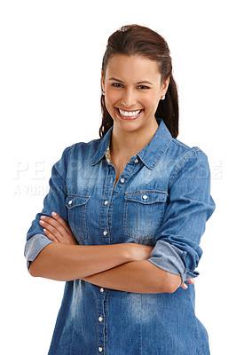 Buy stock photo Studio portrait of an attractive young woman standing with her arms folded isolated on white