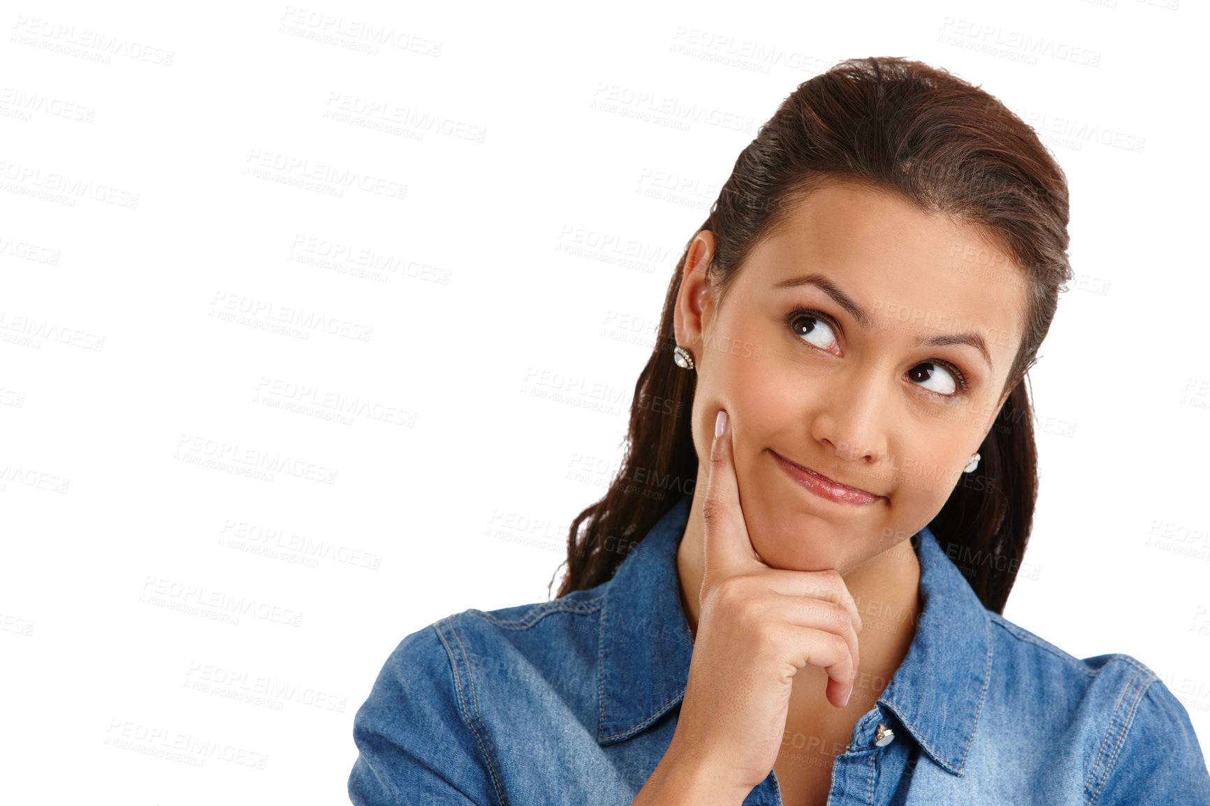 Buy stock photo Studio shot of an attractive young woman looking thoughtful isolated on white