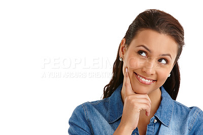 Buy stock photo Thinking, studio and woman with smile, decision and happy for memory, inspiration and mockup space. White background, contemplating and planning to launch of novel, writer and person with ideas