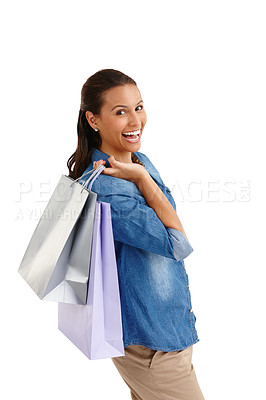 Buy stock photo Woman, happy and shopping bag in studio, portrait and excited for discount by white background. Person, model and smile with sale, retail and customer experience with financial freedom in Australia