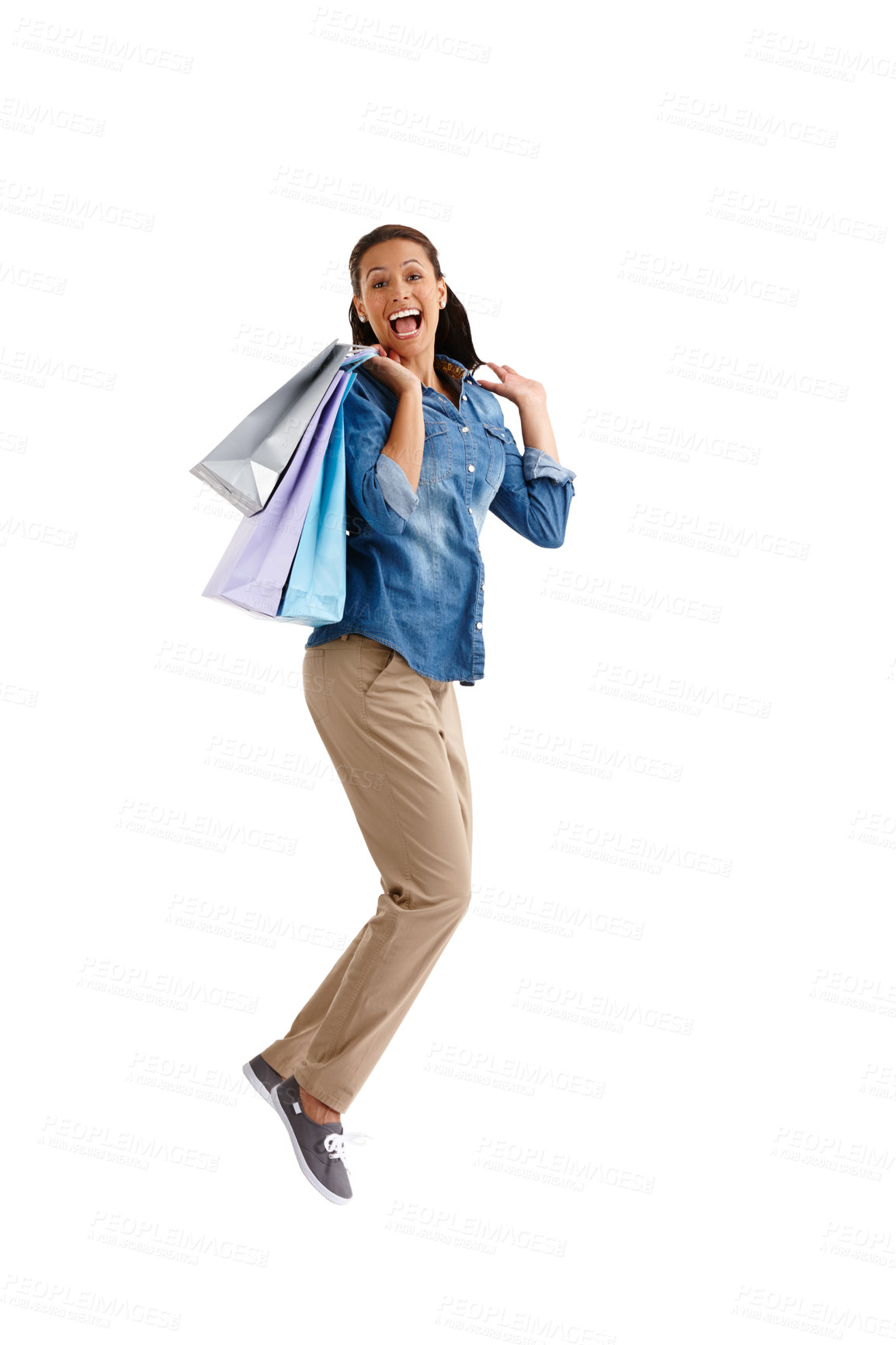 Buy stock photo Jump, portrait or shopping with woman in studio for buying, consumerism or spending money. Bargain, energy or sale with excited customer isolated on white background space for deal or retail purchase