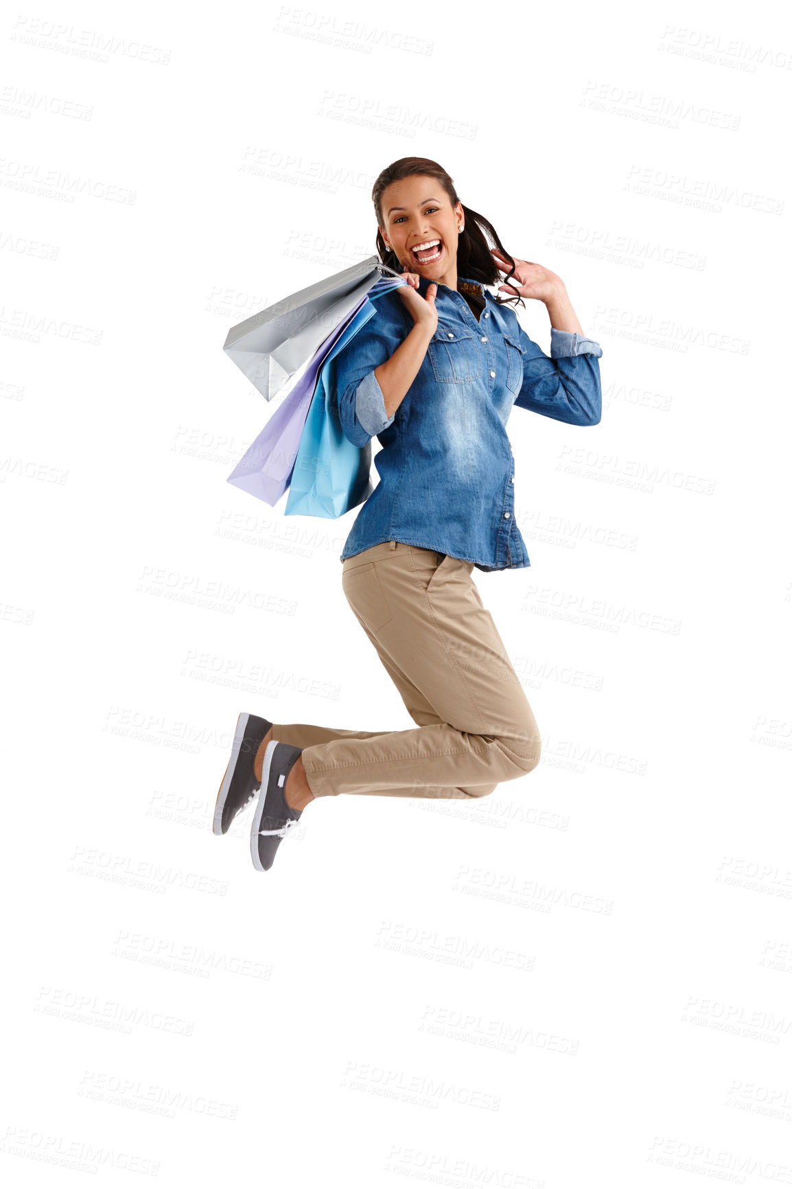 Buy stock photo Jumping, portrait and shopping with woman isolated on white background for buying, consumerism or spending money. Bargain, energy and sale with excited customer in studio for deal or retail purchase