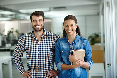 Buy stock photo Portrait of two colleagues standing in the office