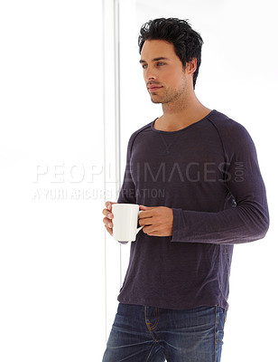 Buy stock photo Man, coffee and face with thinking or serious in the morning for relax, peace and satisfaction at home. Person, calm or thoughtful with espresso, beverage or hot chocolate for rest, wellness or ideas