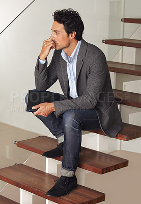 Buy stock photo Thinking, anxiety and business man waiting on stairs of office building with stress, fear or worry. Hiring, human resources or nervous applicant overthinking on steps for recruitment opportunity