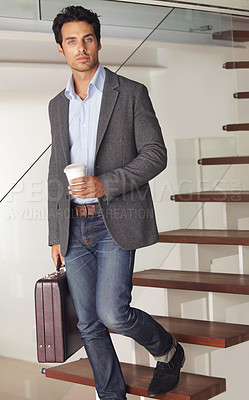 Buy stock photo Portrait, businessman and walking on stairs for work, company or job while holding, coffee and briefcase. Greek person, male manager and professional in cool, modern and trendy fashion for career