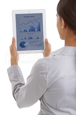Buy stock photo Screen, tablet and business woman with analytics, data analysis with graphs and stock market statistics on grey background. Information, dashboard and corporate revenue report in studio for research