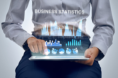 Buy stock photo Hologram, tablet and analytics for business with hands, future with graphs and stock market stats on grey background. Information, 3D and dashboard for person with corporate revenue report in studio