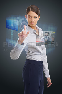 Buy stock photo Business woman, hologram and fingerprint for biometric, news or live weather broadcast on screen with UI on grey background. Password, icon and technology abstract with UX, information and report