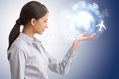 Buy stock photo Globe, app and technology hologram with icon, business woman and virtual setting for UX on gradient background. 3D, future and digital transformation, global network and corporate tools for growth