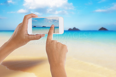 Buy stock photo Hands, phone and screen for ocean photo, travel and camera app to capture sea in outdoor nature. Person, closeup and scroll on social media for holiday destination, vacation and beach post for update