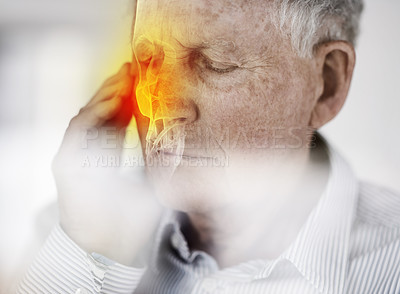 Buy stock photo Shot of an old man looking worried with his eyes closed