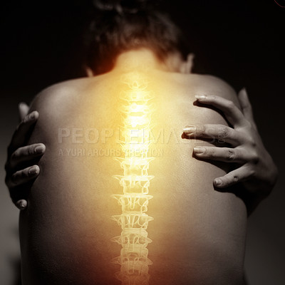 Buy stock photo Concept shot of a woman with severe back pain