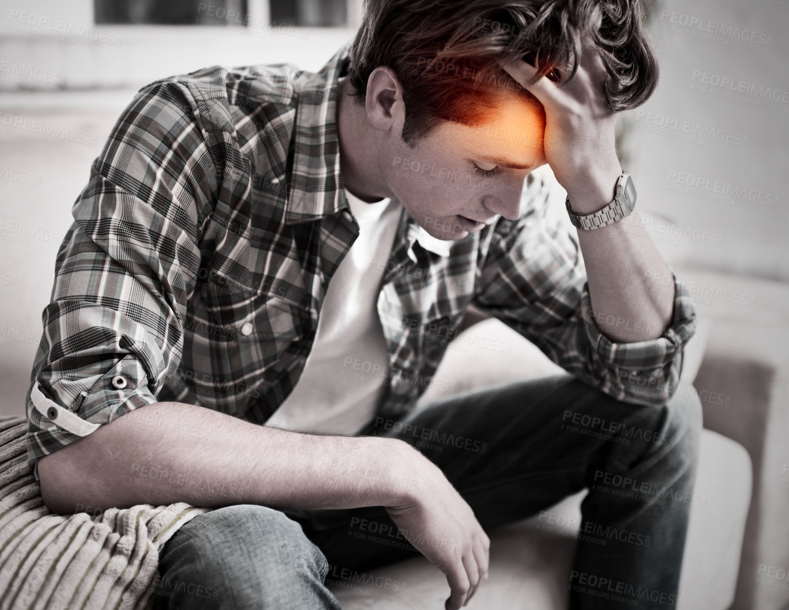 Buy stock photo Man, headache and stress on home sofa while depressed, burnout and suffering with mental health or pain. Male person with red glow for fatigue, anxiety and brain fog or mistake while tired on a couch