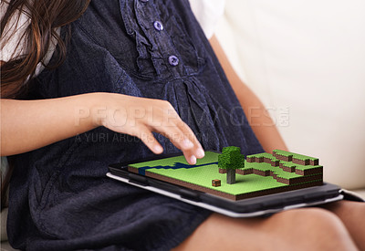 Buy stock photo Tablet, playing and gaming with 3d for fun in house with child development for learning. Digital, design and graphic with kids with geometric illustration, internet and blocks with building