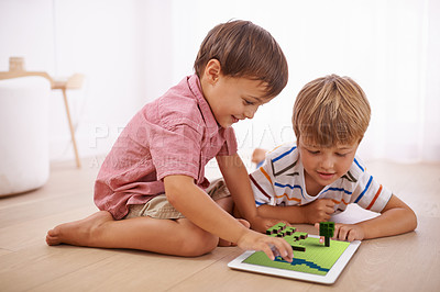 Buy stock photo Boys, children and tablet with 3d games, virtual experience and bonding together in home or house. Brothers, family or happy kids with touchscreen for streaming online, building or gaming technology