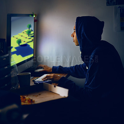 Buy stock photo Computer, game and man in dark bedroom with junk food, playing and internet connection. Technology, software and online gamer in home with pizza, screen and hoodie for digital competition at night