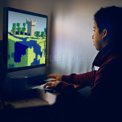 Buy stock photo Gamer, video game and keyboard with mouse for virtual entertainment, online gaming and technology. Young guy or dedicated player and looking at screen with digital animation in fun home challenge