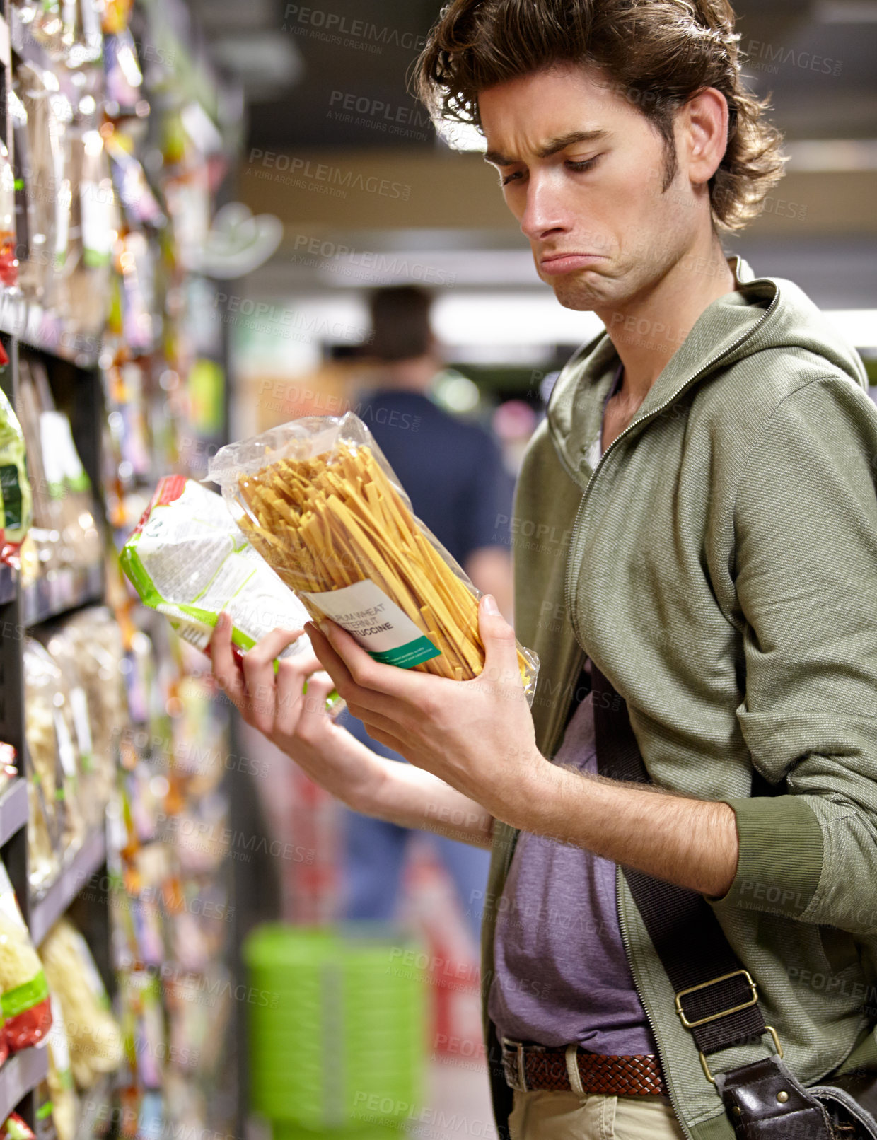 Buy stock photo Man, product and comparison choice in supermarket for label difference, nutrition value or grocery shopping. Male person, thinking and decision for shop aisle deal, wholesale price or discount search