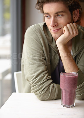 Buy stock photo Man, smile or health smoothie closeup thinking nutrition, morning breakfast drink or fresh fruit. Male person, relax or cold beverage for healthy detox, diet fibre or tropical organic produce choice