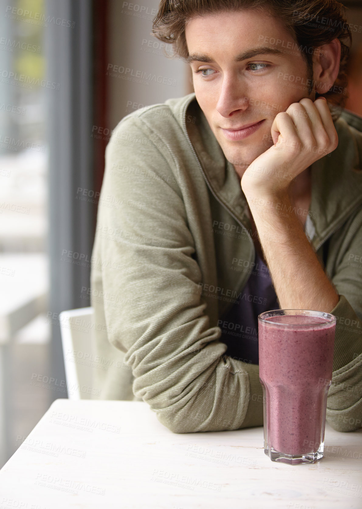 Buy stock photo Man, smile or health smoothie closeup thinking nutrition, morning breakfast drink or fresh fruit. Male person, relax or cold beverage for healthy detox, diet fibre or tropical organic produce choice