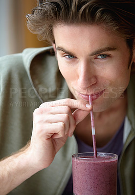 Buy stock photo Man, smile or portrait for health smoothie or fruit drink for breakfast, morning fibre or healthy detox choice. Male person, closeup or diet liquid shake organic taste, vegan or nutrition raw vitamin