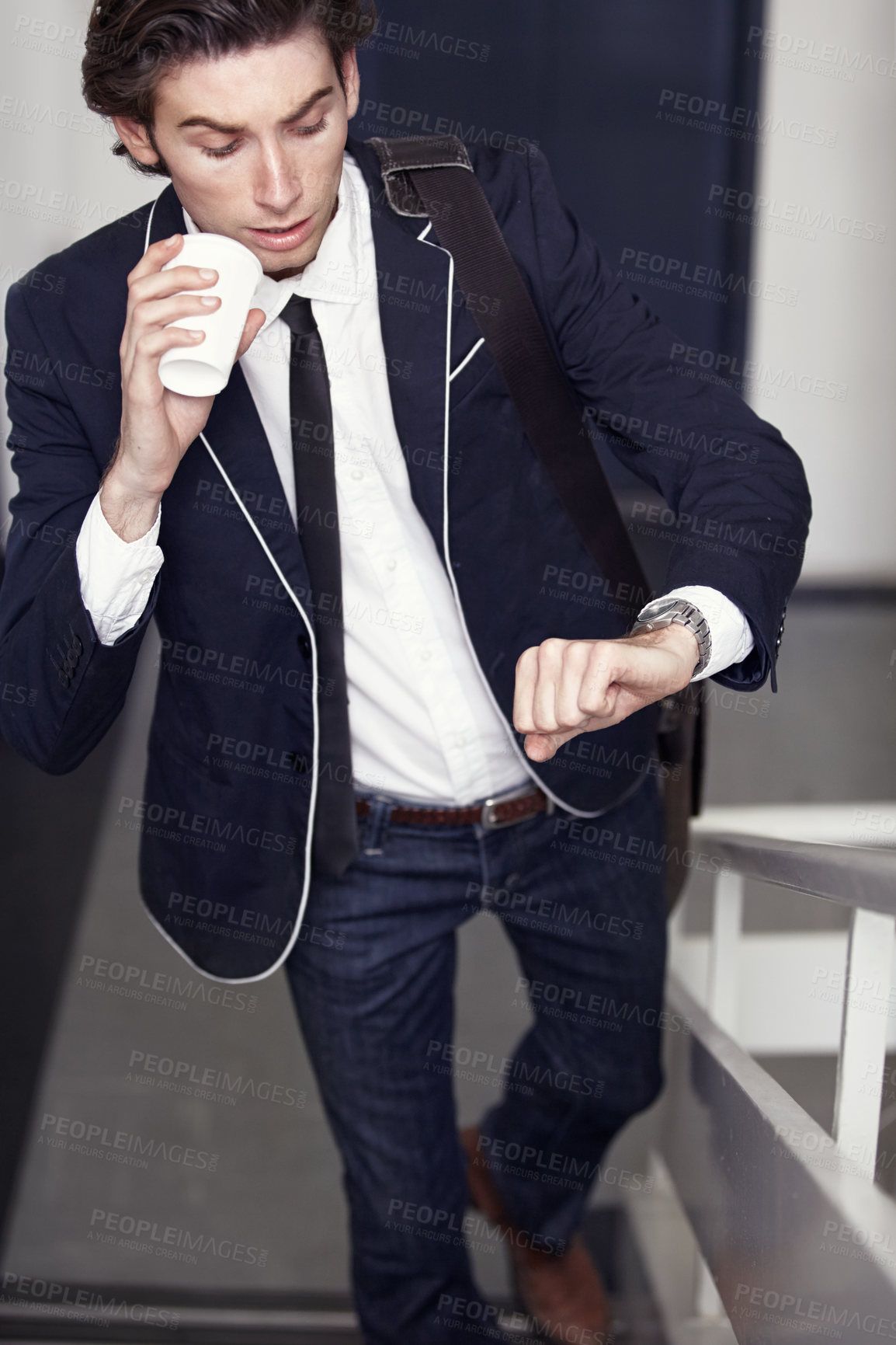 Buy stock photo Coffee, fashion and young man by staircase with a watch checking the time for being late. Latte, walking and handsome male person with casual, formal and classy style for professional career.