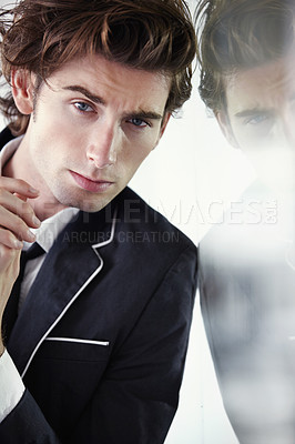 Buy stock photo Serious, fashion and portrait of young man with double exposure for formal, classy or cool outfit. Confidence, smirk and handsome male model with elegant blazer for style by studio background.