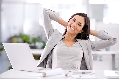 Buy stock photo Manager with laptop feeling done, finished or complete with corporate office task, project or innovation. Portrait of leader or boss feeling relieved, accomplished or successful with arms behind head
