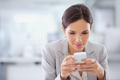 Buy stock photo Business, woman and cellphone for typing, connection and email notification with digital app or contact. Person, consultant or accountant with smartphone or mobile user with communication or internet