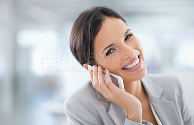 Buy stock photo Professional, networking and happy phone call with woman in office with communication of investment. Investor, portrait and smile on smartphone with information for client on stocks, news or finance