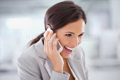 Buy stock photo Professional, thinking and happy phone call with woman in office with communication on investment. Investor, smile and networking chat on smartphone with information for client on stocks or finance