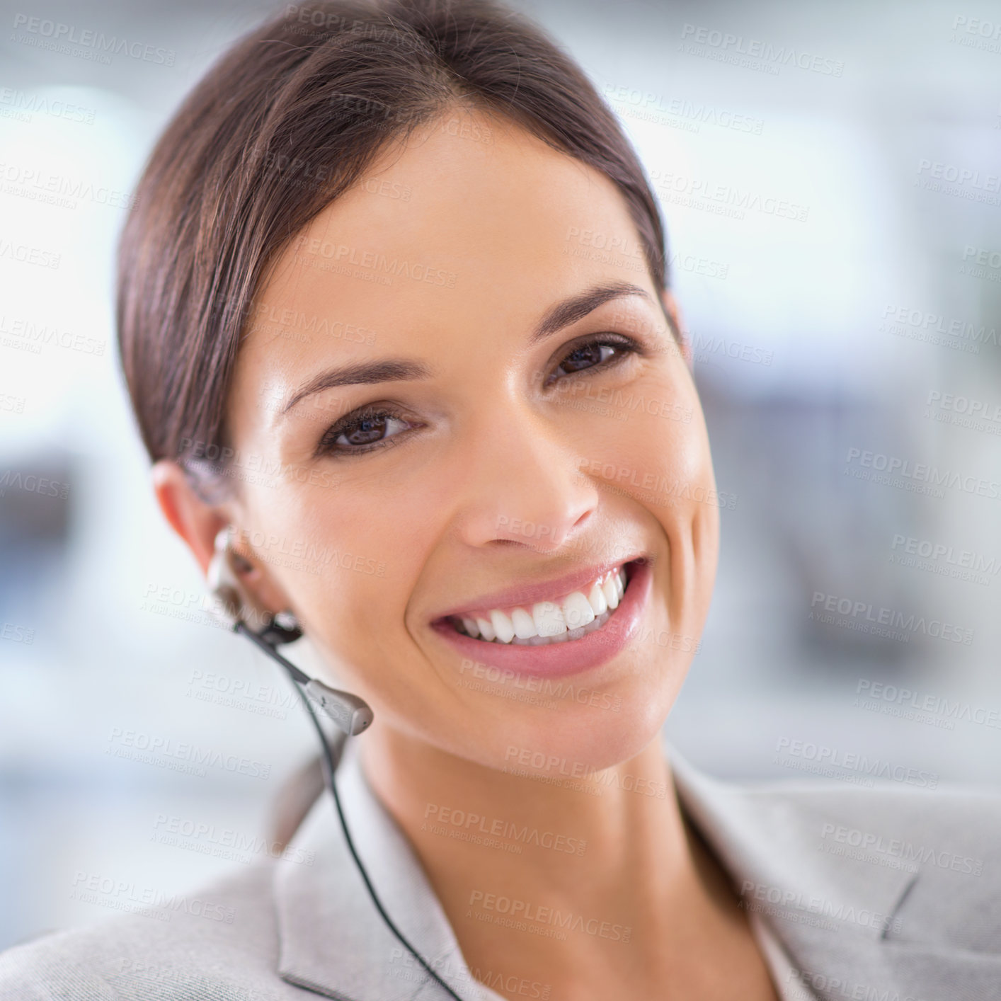 Buy stock photo Call center, woman and portrait for telemarketing or communication with headset, happiness and contact us. Customer support, employee and face of agent with consulting, help desk and advisor at work