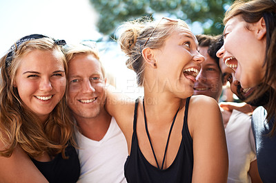 Buy stock photo Festival friends, nature and crazy people bond, happiness and summer holiday, vacation or gen z party travel together. Community, freedom and young group at social event, outdoor concert or reunion