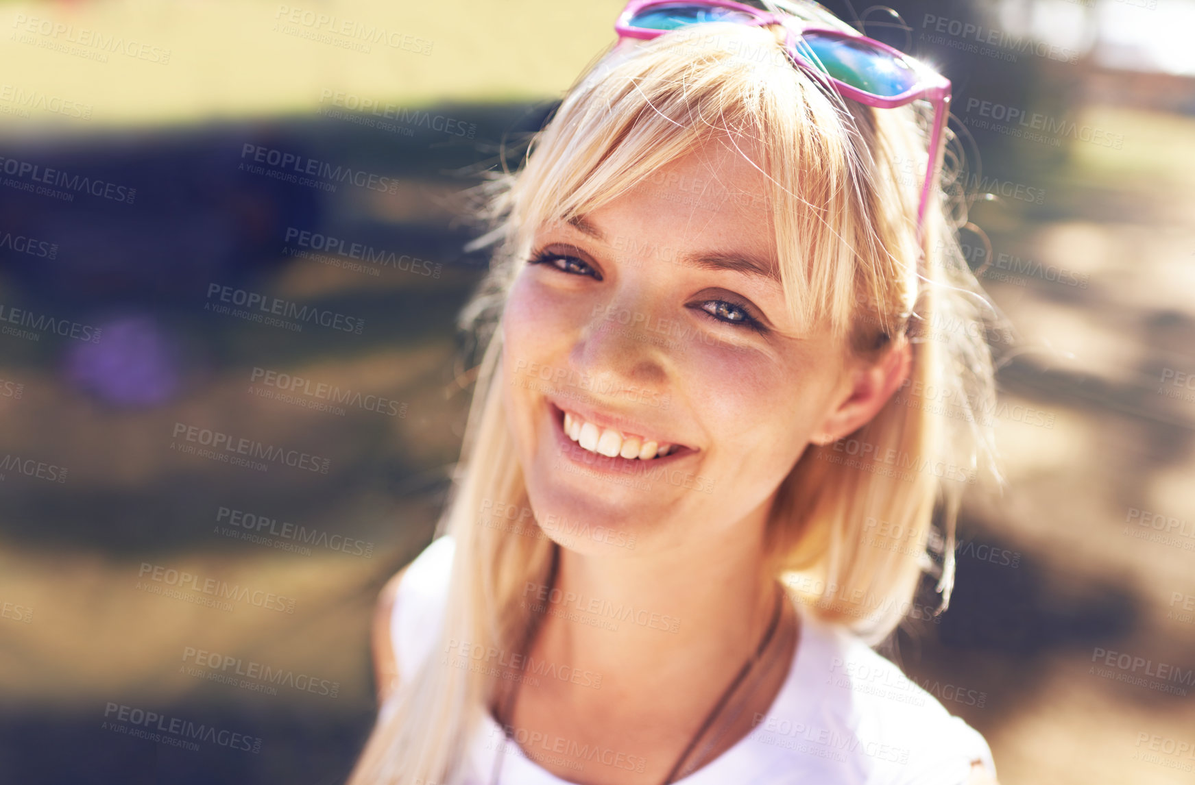 Buy stock photo Portrait, outdoor and woman with a smile, sunshine and summer break with happiness, relax and cheerful. Face, person or girl with glasses, outside and sunlight with joy, positive mindset or fresh air