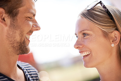 Buy stock photo Outdoor, summer and couple with happiness, conversation and cheerful with joy, bonding together and weekend break. Outside, man and woman with discussion, speaking and talking with vacation and love
