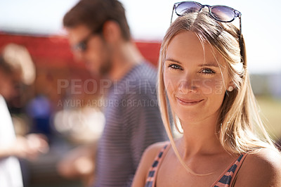 Buy stock photo Portrait, outdoor and woman with a smile, vacation and environment with trip, eyewear and happy. Face, person and girl with sunglasses, sunshine and relax with rest, weekend break and peaceful