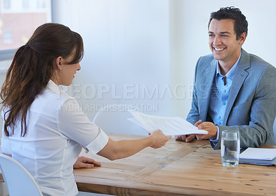 Buy stock photo Business people, job interview and documents, CV or resume for human resources, recruitment or hiring process. Professional employer, manager or clients giving paperwork for career review in meeting