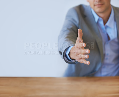 Buy stock photo Business man, offer and shaking hands in job interview, corporate meeting or hiring agreement for recruitment. Professional client or employer handshake for introduction on a wall or white background