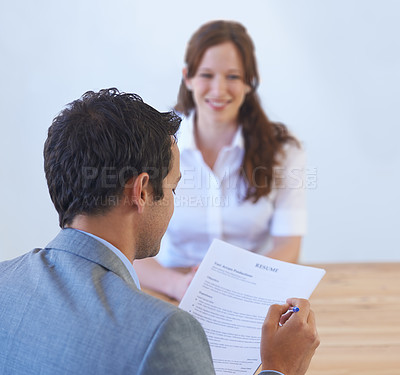 Buy stock photo Business people, job interview and resume, documents or CV for human resources, recruitment or hiring process. Professional man or employer reading application, employee review or paper in a meeting