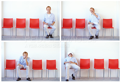 Buy stock photo Boring, interview and man in waiting room for a job and collage with candidate excited, tired and sleeping. Hiring, process and person with fatigue, composite and frustrated by recruitment delay