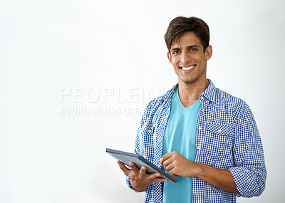 Buy stock photo White background, tablet and portrait of business man for contact, social media and website. Professional, company and worker on digital tech for internet, research and online networking in studio