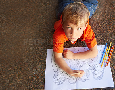Buy stock photo Portrait, boy and serious with a sketch, drawing and creativity with a talent, colour or paper on the floor. Student, kid or child with knowledge, development or artistic with a project on the ground